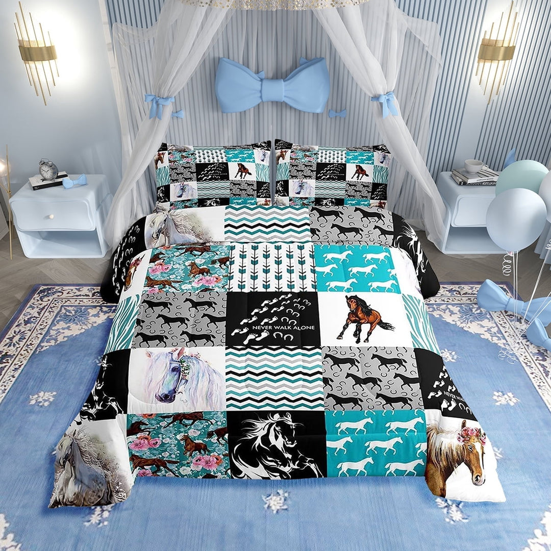 Horse Bedding,Western Farmhouse Horse Comforter Set Twin Bed,Boho Arrow Teal Zebra Stripe Comforter Women,Rose Flower Rustic Cowboy Quilt Duvet Sets 1 Pillowcases Black White