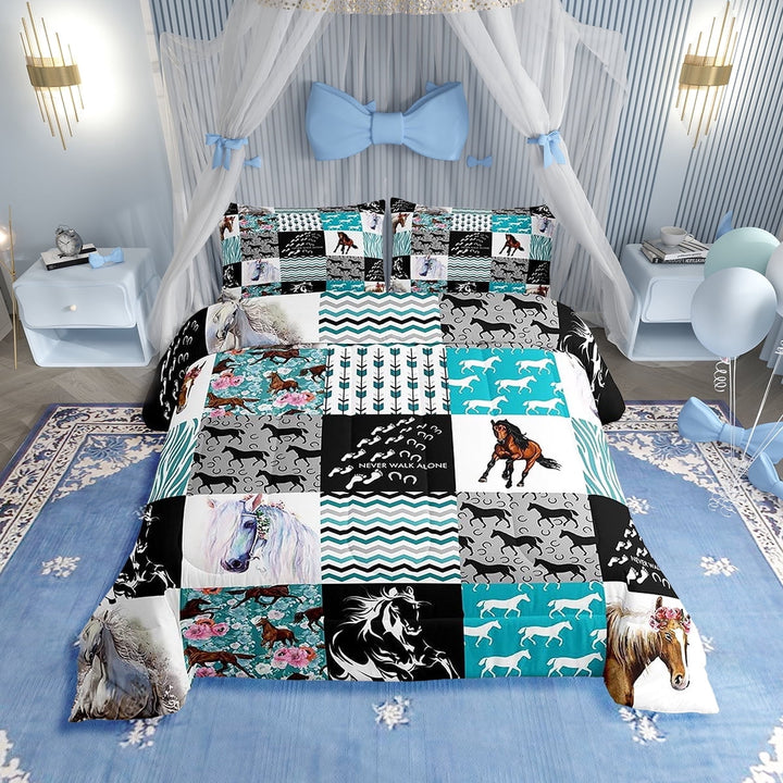 Horse Bedding,Western Farmhouse Horse Comforter Set Twin Bed,Boho Arrow Teal Zebra Stripe Comforter Women,Rose Flower Rustic Cowboy Quilt Duvet Sets 1 Pillowcases Black White