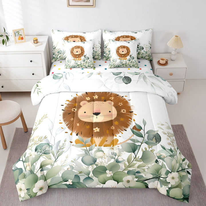 Cute Lion Bedding Comforter Sets 7pcs Green Eucalyptus Bed in a Bag, Jungle Animal Twin Bedding Sets Botanical Plant Leaves Comforter Set, Cartoon Wildlife Bedding Sets