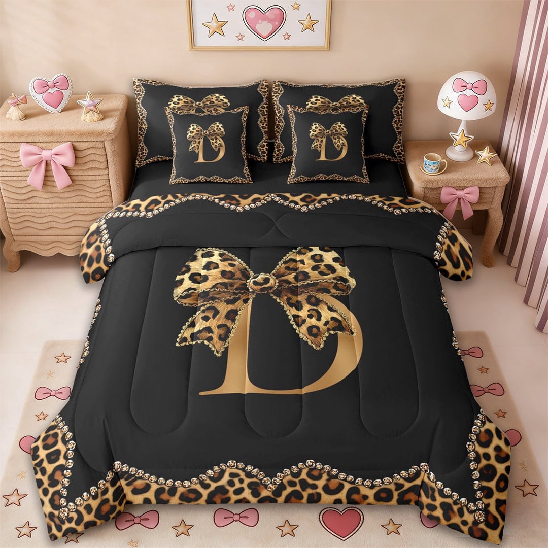 Erosebridal Leopard Pattern Personalized Gifts 7-Piece Twin Bedding Sets,Brown Bow Knots Alphabet D Bedding Comforter Set For Kids Girls,Reversible black