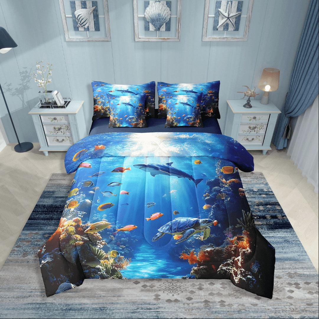 Erosebridal Sealife Turtle Shark Bedding Sets Twin Size,Underwater World Comforter Sets with Sheets,Marine Animal Bedroom Decor,Reversible,Breathable,7-Piece