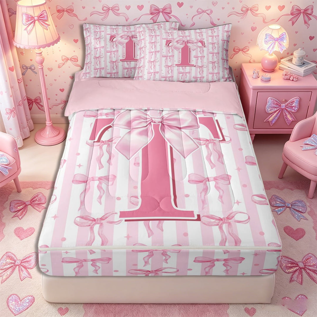 Meiyoeat Girly Bow Letter T Zipper Full Size Comforter Sets with Fitted Sheet and 2 Pillowcases for Girls Youth, Cute Stripe Zipper Bedding Set for Decor, Light Pink White,4pcs,Pink Reversible