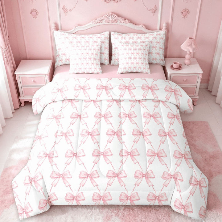 Manfei Kawaii Bow Bedding Comforter Set 7 Pieces,Girls Bow Knot Full Bedding Set,Pink White Fitted Sheet Flat Sheet,Breathable Bedroom Decorative,Reversible