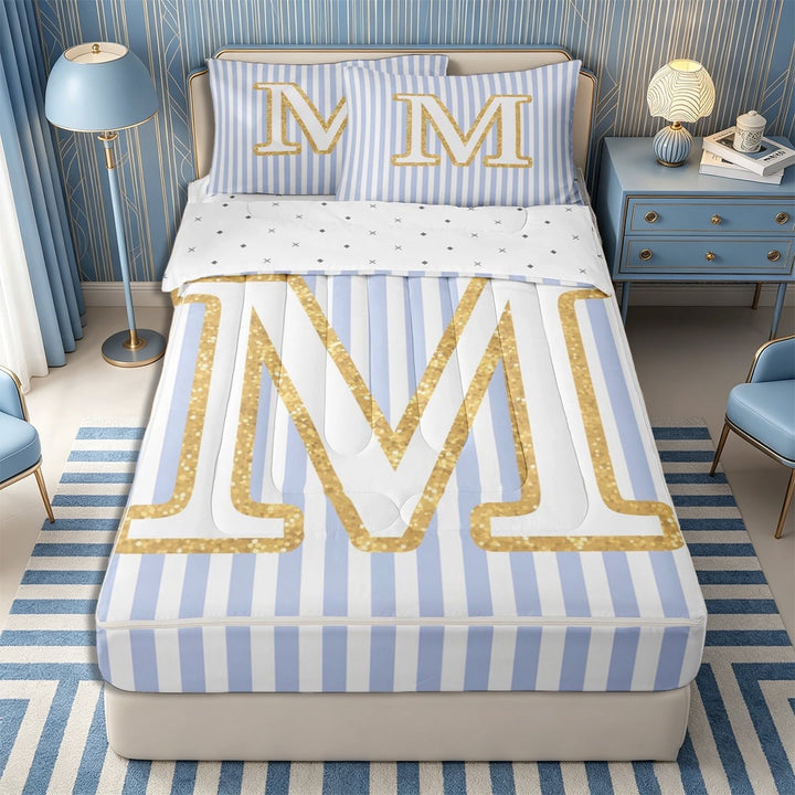 Meiyoeat Gold Glitter Letter M Zipper Twin Comforter Sets with Fitted Sheet and 2 Pillowcases for Women Kids, Striped Alphabet Zipper Bedding Set for Bedroom, Light Blue White,4-Piece