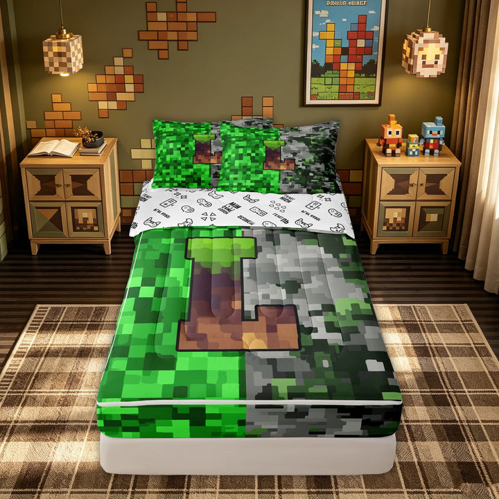 meiyoeat Pixel Grass L Initial Zipper Comforter Set with Fitted Sheet and 2 Pillowcases for Boys, Gamer Block Monogram Zipper Bedding Set, Green Brown, Gamepad Reversible, 3 Pieces