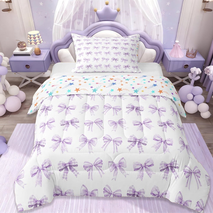 Erosebridal Ribbon Purple Bowknot Twin Comforter Sets For Girls,Cute Bows Kawaii Bowtie Bedding Set, Reversible 2 Pieces