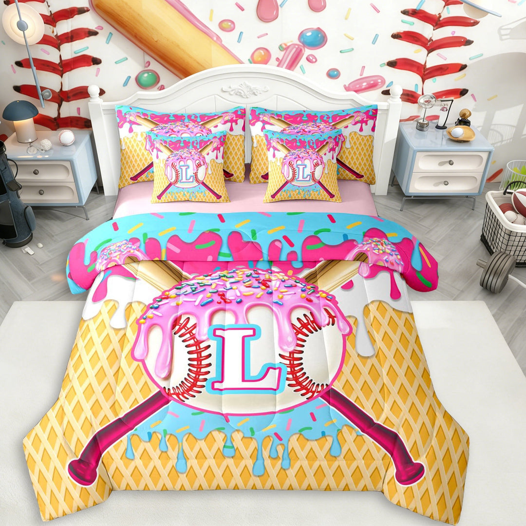 Erosebridal Ice Cream Baseball Print Twin Bedding Sets 7-Piece For Kids,Boys Sport Theme Personalized Initial L Bedding Comforter Set,Pink Reversible