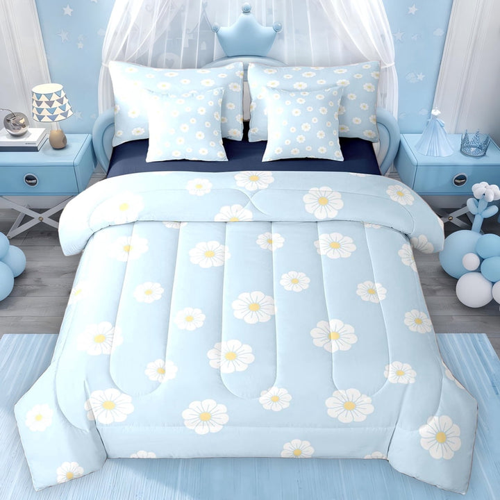 Erosebridal Chic Daisy Flower Twin Bedding Sets for Girls, Blue Bedding Comforter Set, Navy Reversible, 7-Piece