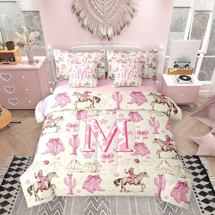 Erosebridal Rustic Cowgirl Twin Bedding Sets for Girls, Personalized Initial M Bedding Comforter Set, Pink Reversible, 7pcs