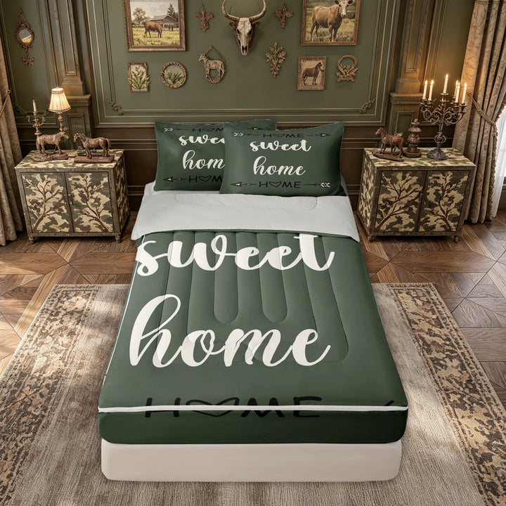 meiyoeat Rustic Home Sweet Zipper Comforter Set with Fitted Sheet and 2 Pillowcases for Adults Men Women, Arrow Quote Zipper Bedding Set, Sage Green, Grey Reversible, 3-Piece