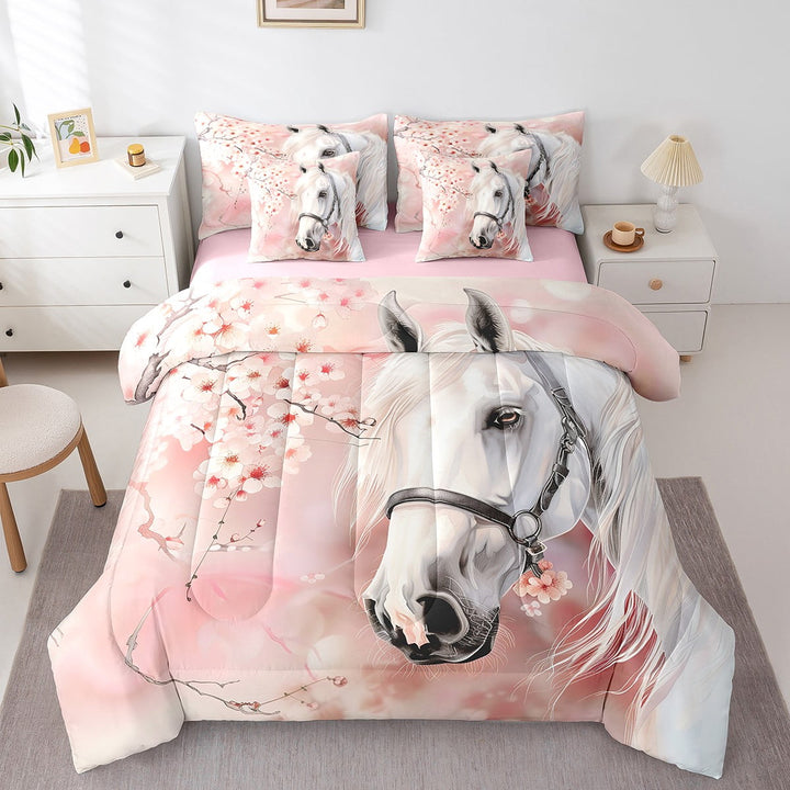 White Horse Bedding Comforter Sets 7-Piece Pink Cherry Blossoms Bed in a Bag, Oriental Japanese Style Twin Bedding Sets Farmhouse Farm Animal Comforter Set, Chic Floral Flower Bedding Sets