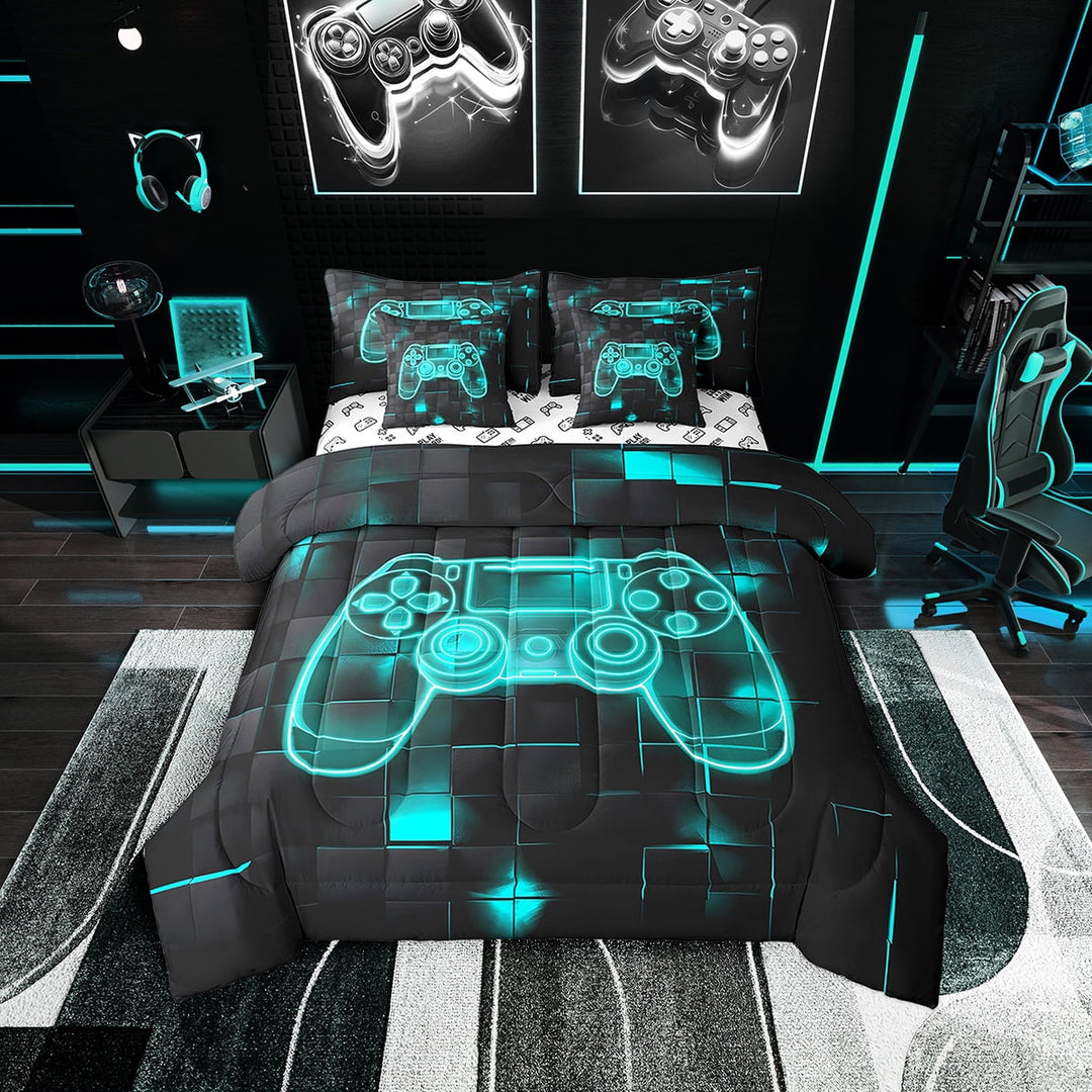Gaming Twin Comforter Set Geometric Gamer Bedding Set Teal Black Neon Gamepad Bed In A Bag 7 Piece Video Game Room Decor Soft Lightweight Bed Set For All Season
