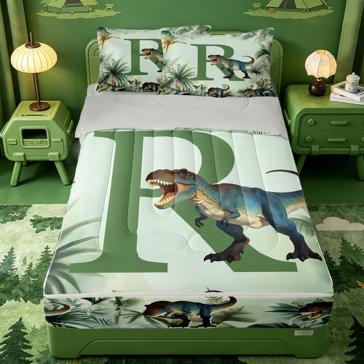 meiyoeat wild Dinosaur Monogram R Zipper Twin Comforter Sets with Fitted Sheet and 2 Pillowcases,Jungle Dino Print Zipper Bedding Set,Light Gray Reversible,4-Piece