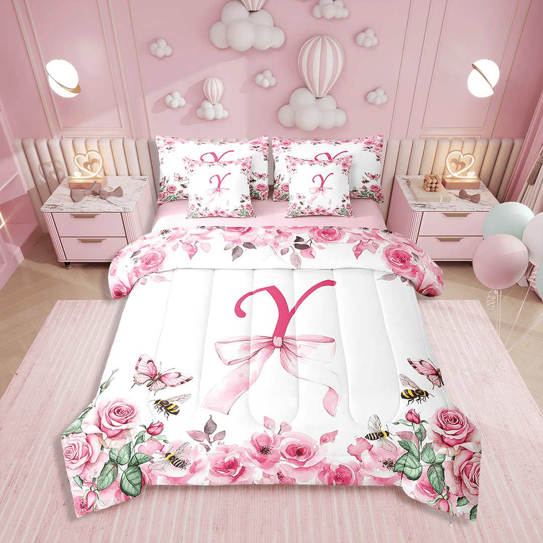 Erosebridal Initial Letter Comforter Set Twin Size,Bowknot Alphabet Bedding Set Teens,A-Z (Comforter+Fitted+Flat Sheet+2 Pillowcases+2 Throw Pillow Covers) 7 Pieces Bed Set