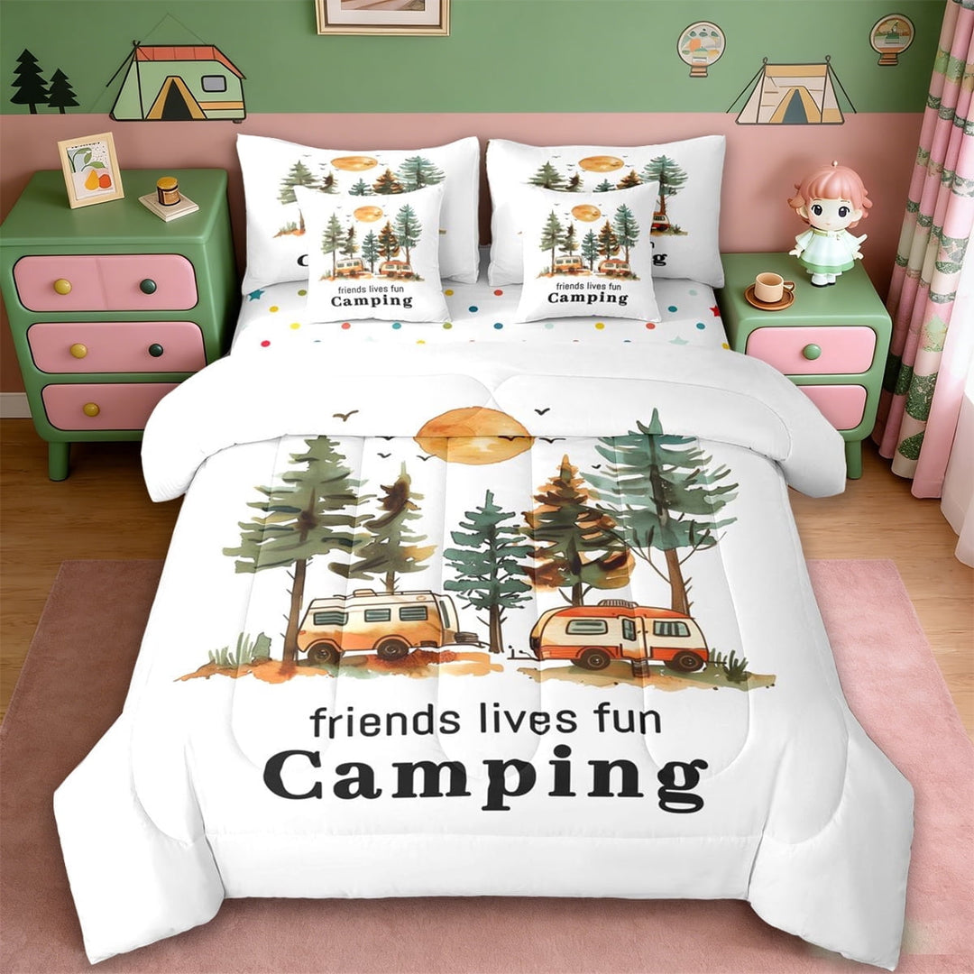 Erosebridal Retro Camper RV Print 7-Piece Twin Bedding Sets,Happy Camping Theme Bedding Comforter Set For Camping Lover,Reversible