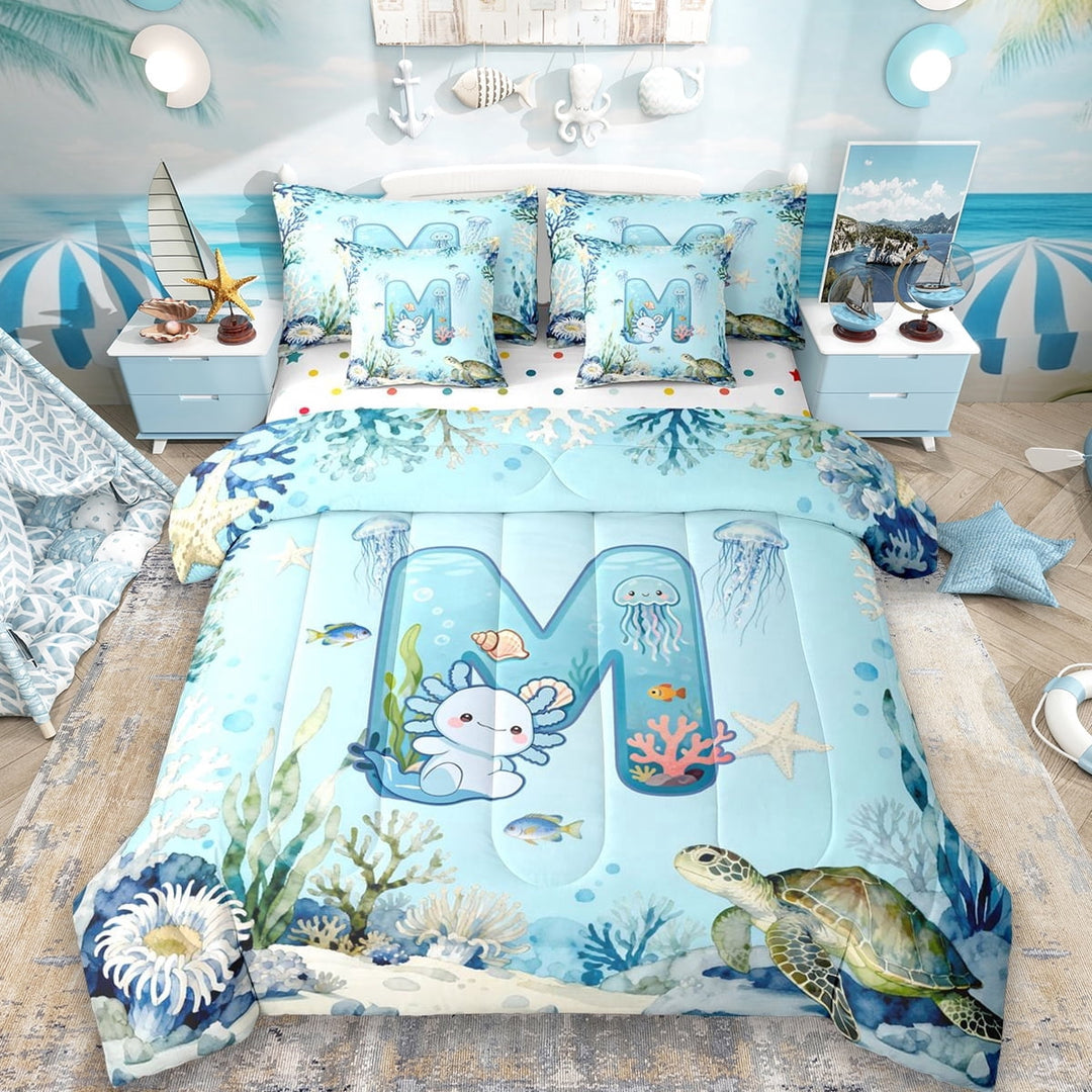 Erosebridal Ocean Animal Turtle 7-Piece Twin Bedding Sets For Boys,Sea Wildlife Axolotl Coral Watercolor Letter M Bedding Comforter Set For Kids,Reversible