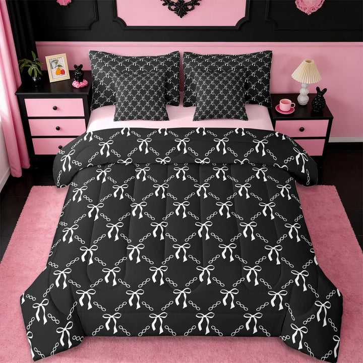 Erosebridal Cute Bow Knot 7-Piece Twin Bedding Sets For Girl Kids,Ribbon Bowtie Bows Bedding Comforter Set,Black White,Reversible