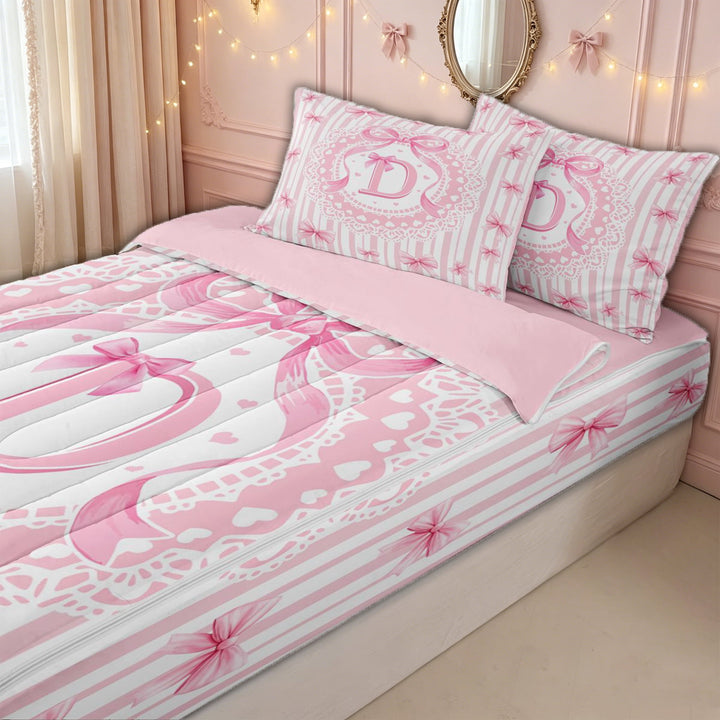 meiyoeat Preppy Letter D Zipper Twin Comforter Sets with Fitted Sheet and 2 Pillowcases for Kids Girls, Princess Bow Lace Zipper Bedding Set for Bedroom, Pink White, Pink ReversibleG