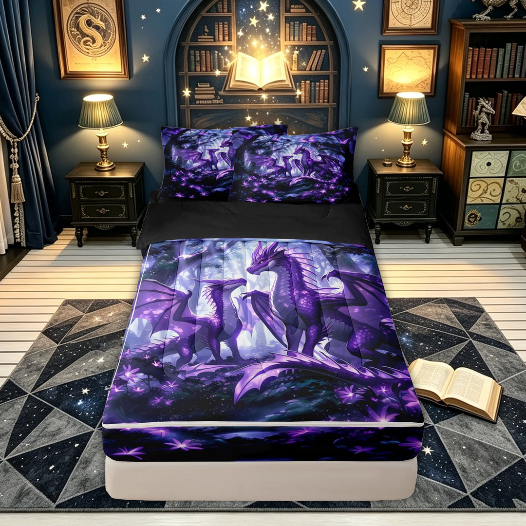 meiyoeat Mystic Fairy Dragon Zipper Comforter Set with Fitted Sheet and 2 Pillowcases for Kids, Dreamy Forest Butterfly Animal Zipper Bedding Set, Purple, Black Reversible, 3-Piece
