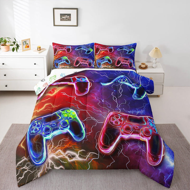Gaming Full Size Comforter Sets - Gamer Comforter Full Size Bedding Set, Red Blue Lightning Design Gamer Room Decor