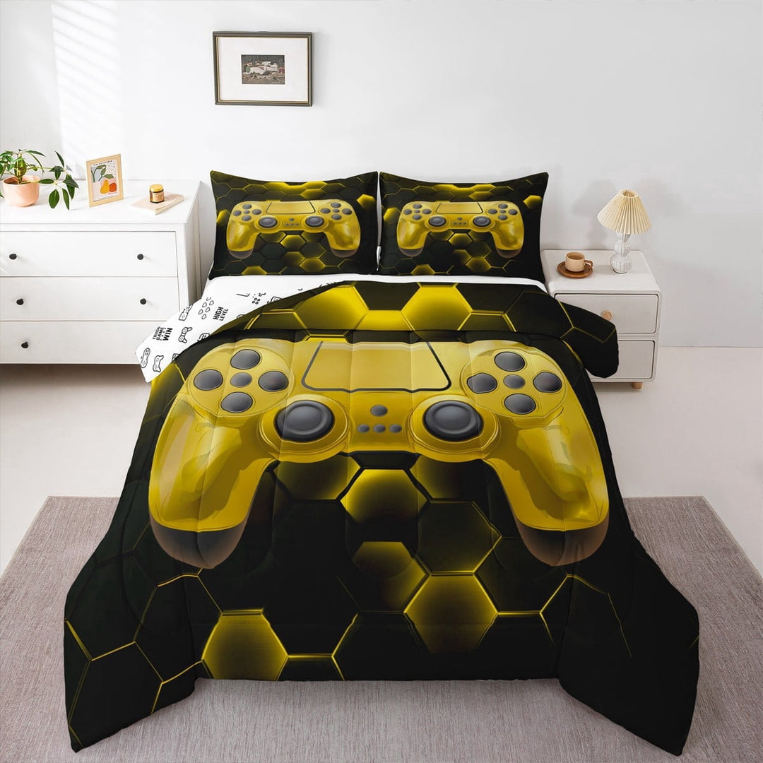 Erosebridal Vintage Gamepad Comforter Sets Twin Size, Yellow Comforters &amp; Duvets, Honeycomb Geometry Decor, Reversible 2pcs