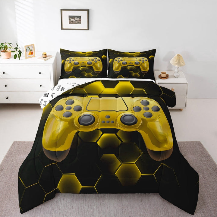 Erosebridal Vintage Gamepad Comforter Sets Twin Size, Yellow Comforters &amp; Duvets, Honeycomb Geometry Decor, Reversible 2pcs
