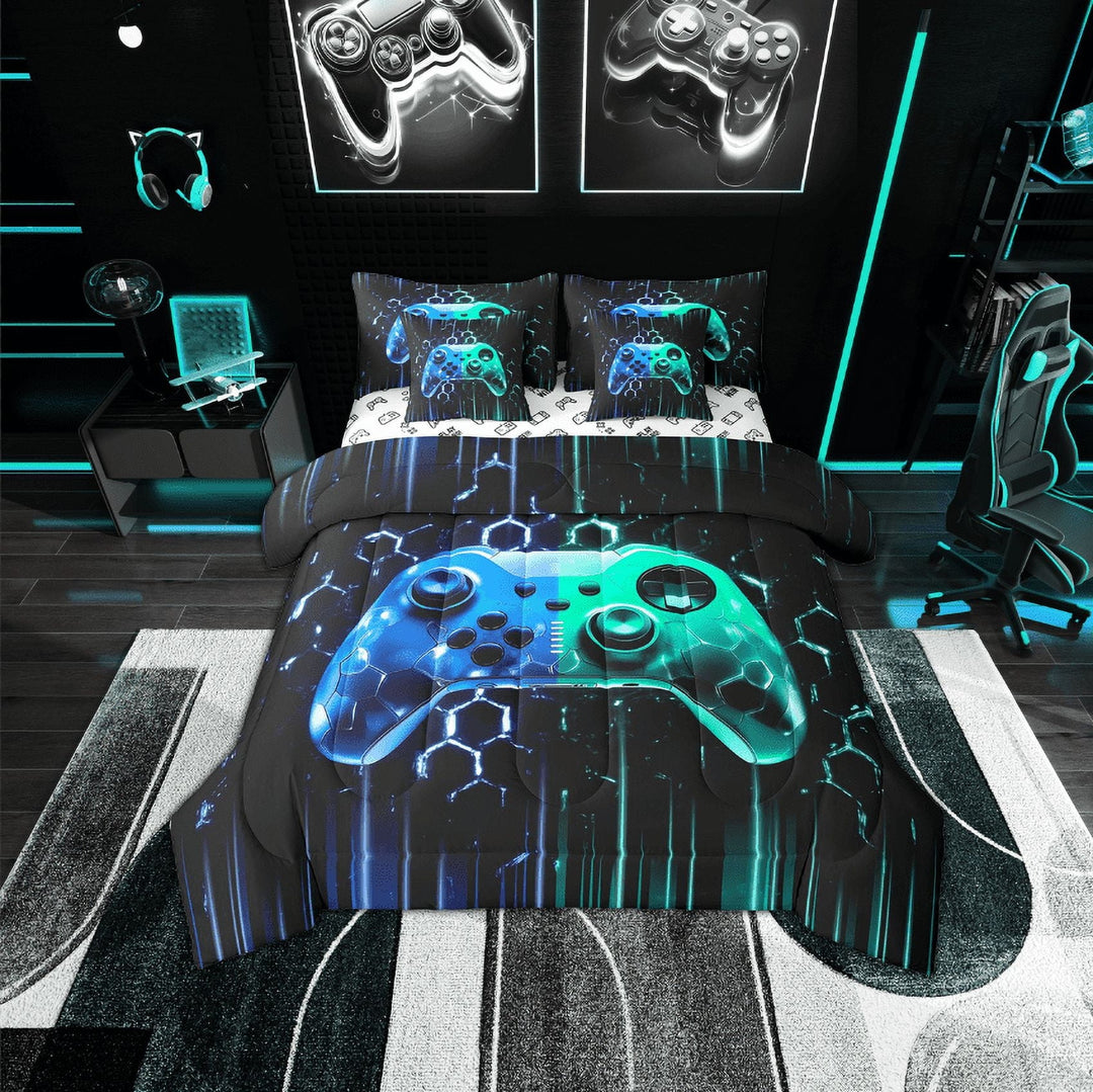 Erosebridal Gaming Gamer Bedding Sets Twin Size, Video Game Comforter Sets with Sheets, Neon Gradient Gamepad Bedroom Decor, Black Blue Cyan, Reversible 7-Piece