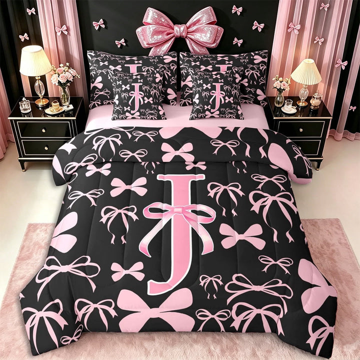 Erosebridal Kawaii Bowtie Letter J Monogrammed Twin Bedding Sets 7-Piece,Dreamy Princess Bow Bedding Comforter Set,Pink Reversible,Breathable Home Decor