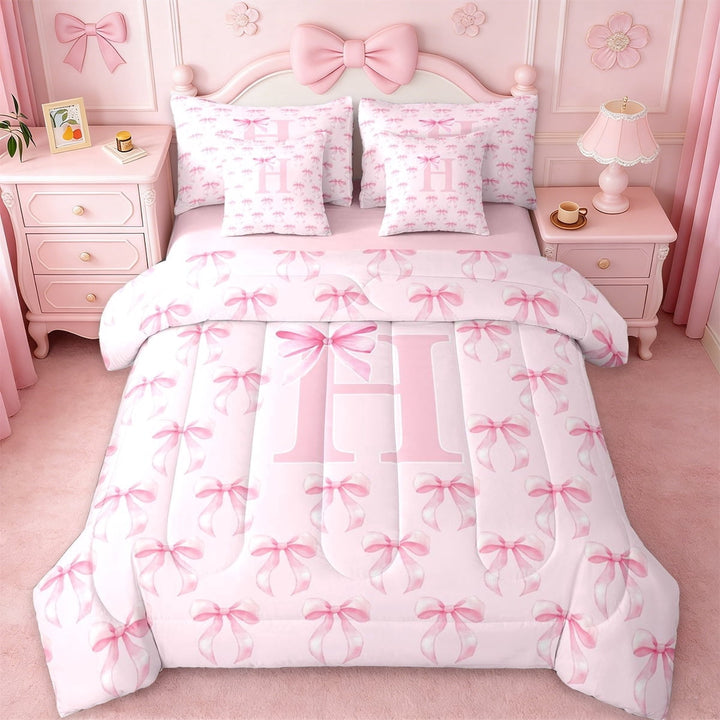 Erosebridal Dreamy Bowknot 7-Piece Twin Bedding Sets For Kids,Pink Coquette Bow Letter H Monogram Bedding Comforter Set,Pink Reversible