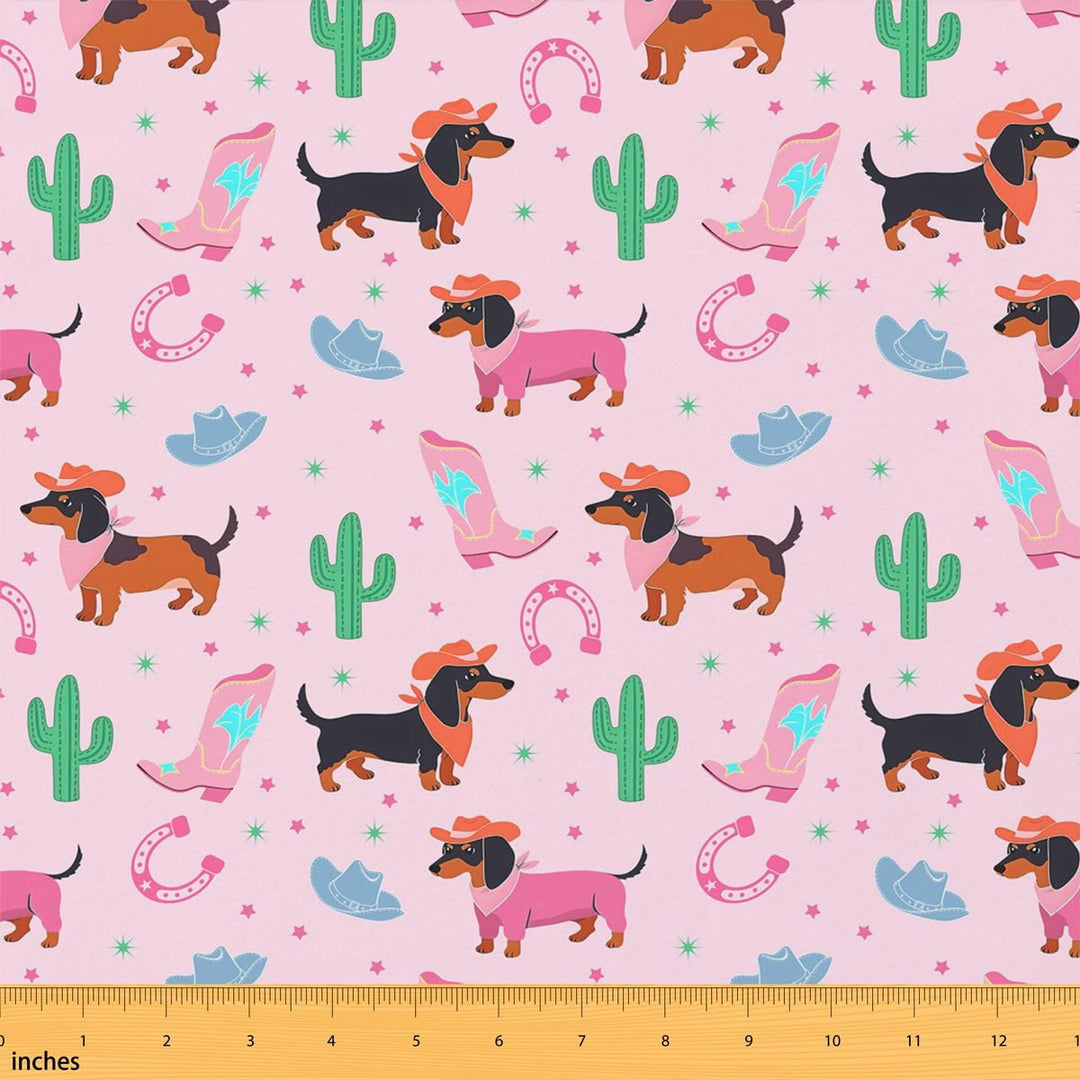 Manfei Cute Dachshund Dog Fabric by the Yard 1 Yard, Kawaii Cowgirl Home Decor Fabric by the Yard, Pink