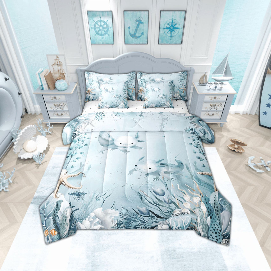 Axolotl 7 Piece Comforter Set Full Bed in a Bag,Teal Blue Ocean Beach Coastal Bedding Set Starfish Octopus Tentacles Sheet Sets with Comforter Underwater Creature Coral Bed Set,Kawaii Fish Room Decor