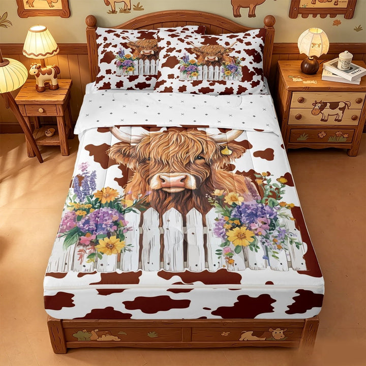 meiyoeat Cute Highland Cattle Zipper Twin Comforter Sets with Fitted Sheet and 2 Pillowcases,Farm Cow Print Zipper Bedding Set,Reversible,4pcs
