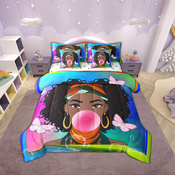 Black Woman 7 Piece Comforter Set Full Bed in a Bag,American African Black Bedding Sets Afro Hair Princess Melanin Sheet Set with Comforter