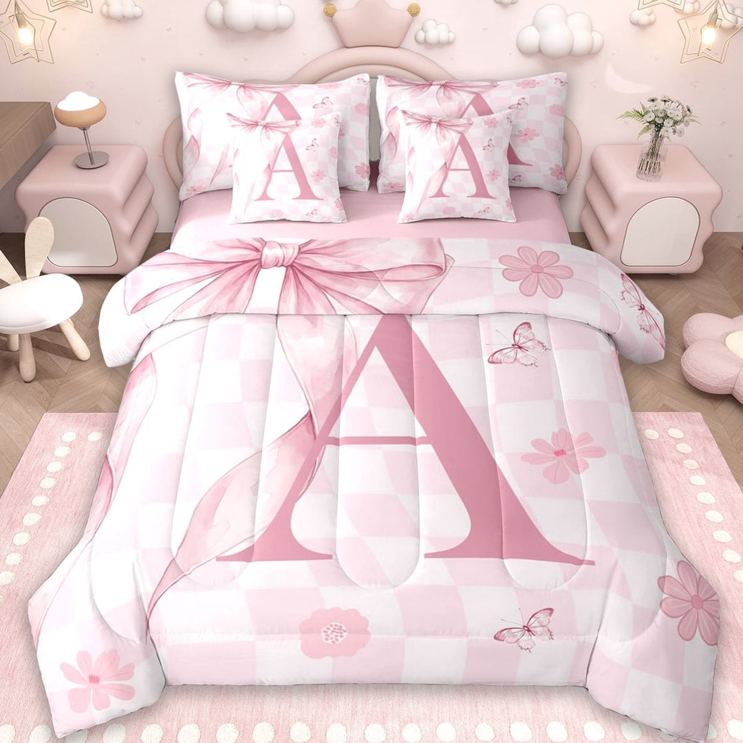 Erosebridal Pink Bowknot Kids 7-Piece Twin Bedding Sets,Letter A Alphabet Bedding Comforter Set For Girl,Reversible pink