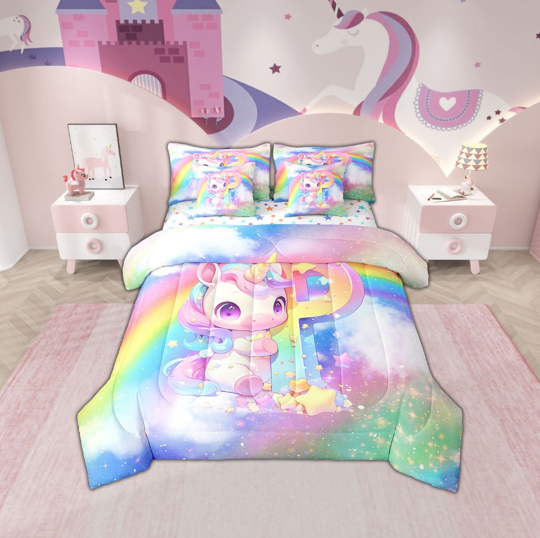 Erosebridal Initial Letter P Bed in a Bag Twin size, Rainbow Unicorn Bed Set, Monogrammed Reversible Bedding Twin Size, Super Cozy Room Decoration, 7-Piece