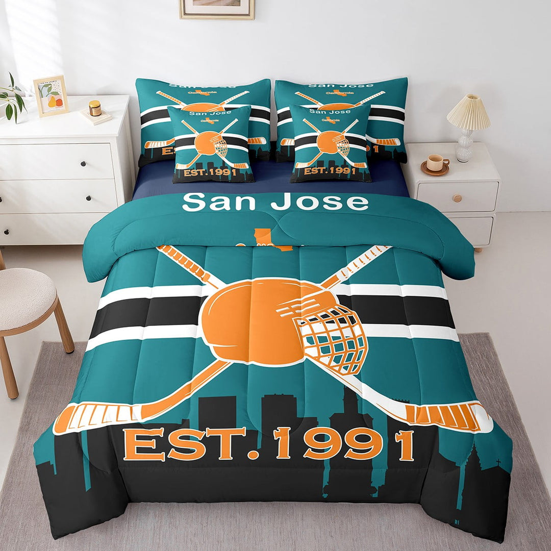 Erosebridal Hockey 7 Piece Bedding Sets Winter Sports Comforter Bed in a Bag Ice Hockey Printed Quilt with Sheet Set,for Teen Bedroom Decor,Twin 7Pcs,San Jose