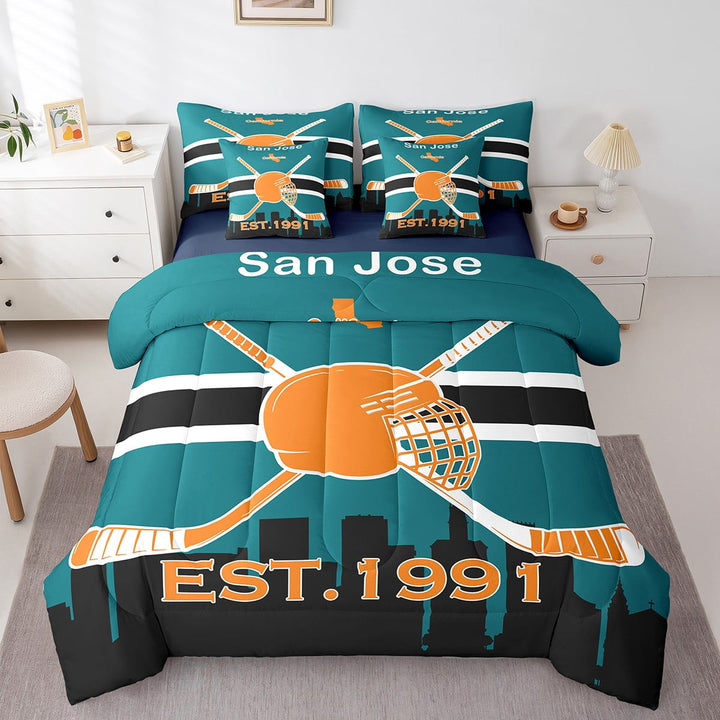 Erosebridal Hockey 7 Piece Bedding Sets Winter Sports Comforter Bed in a Bag Ice Hockey Printed Quilt with Sheet Set,for Teen Bedroom Decor,Twin 7Pcs,San Jose