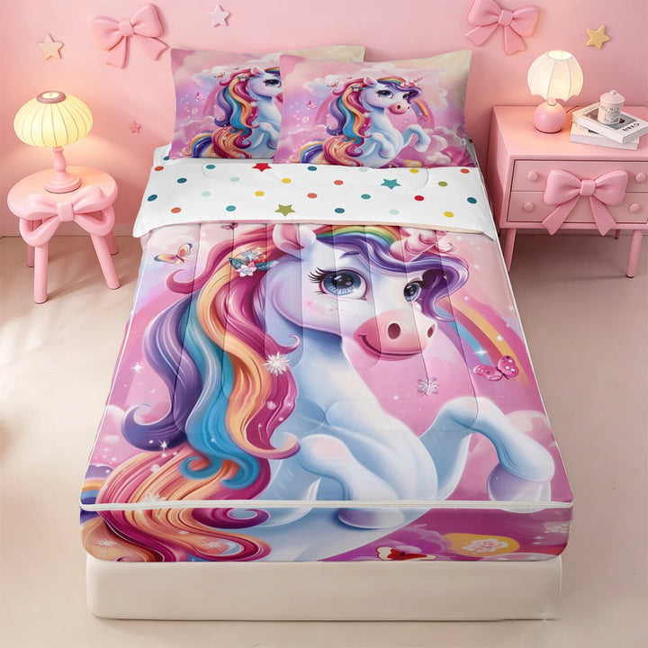 meiyoeat Colorful Magical Unicorn Zipper Full Size Comforter Sets with Fitted Sheet and 2 Pillowcases For Kids,Cute Animals Zipper Bedding Set For Girls,Colorful Stars Reversible,4 Pieces
