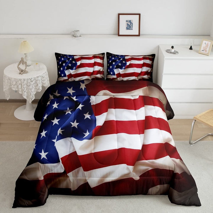 Erosebridal American Flag Comforter Set, United States Down Comforter Twin Size Teens, USA Federations Stars Bedding Set Geometric Stripes Quilted Duvet for Bedroom, Blue White and Red