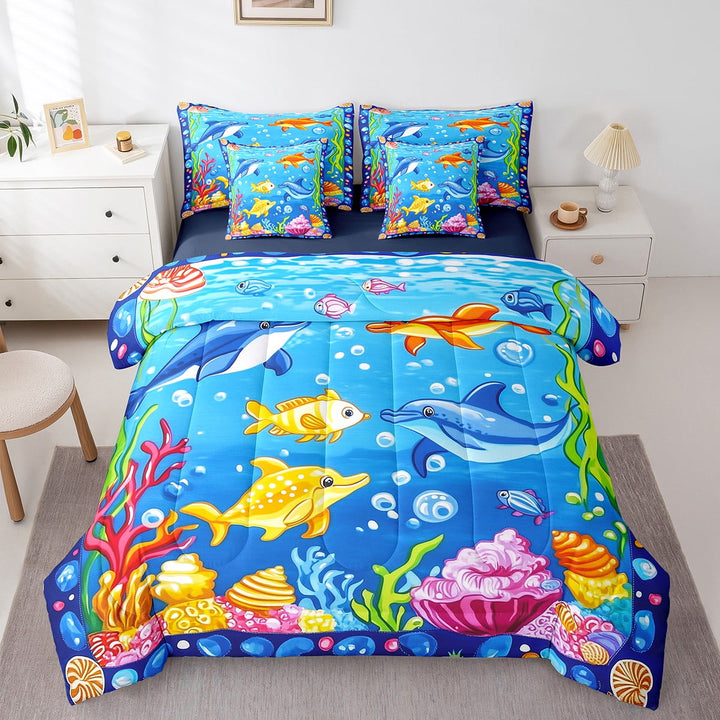 Erosebridal Cartoon Fish Comforter Set Twin 7 Pcs Cute Dolphin Ocean Animals Sea Creatures Theme Bedding Set Marine life Sealife Bed in a Bag with Comforter,Sheets