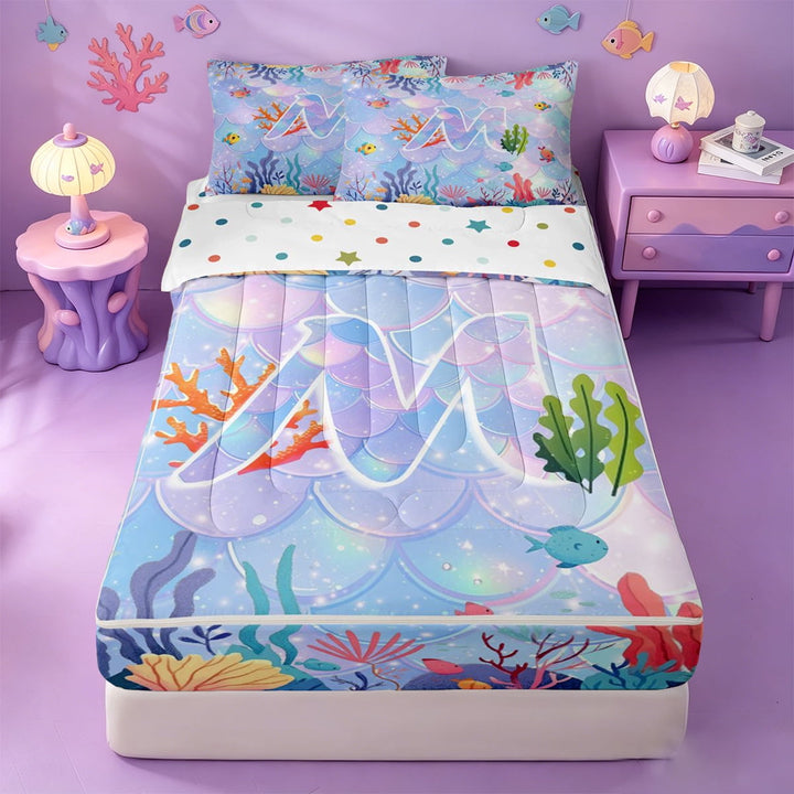 meiyoeat girls Monogrammed M Theme Zipper Full Size Comforter Sets with Fitted Sheet and 2 Pillowcases,Watercolor Mermaid Print Zipper Bedding Set,Reversible,4-Piece