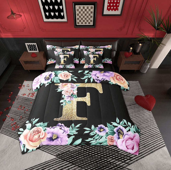Erosebridal Cartoon Monogrammed Bedding, Initial F Letter Bed in a Bag, Retro Floral Reversible Bed Set, Breathable Bedroom Decorative, 7pcs