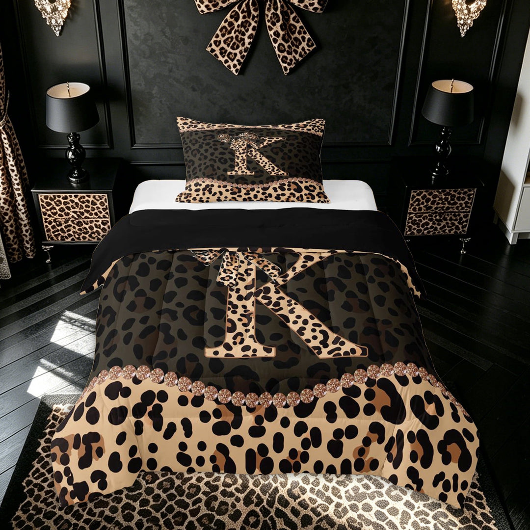 meiyoeat Fashion Leopard K Letter Full Size Comforter Sets for Women Girls, Cheetah Print Bow Bedding Comforter Set, Brown Black, Black Reversible, 3pcs, 1 Comforter and 2 Pillowcases