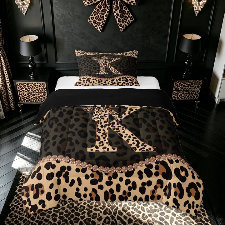 meiyoeat Fashion Leopard K Letter Full Size Comforter Sets for Women Girls, Cheetah Print Bow Bedding Comforter Set, Brown Black, Black Reversible, 3pcs, 1 Comforter and 2 Pillowcases