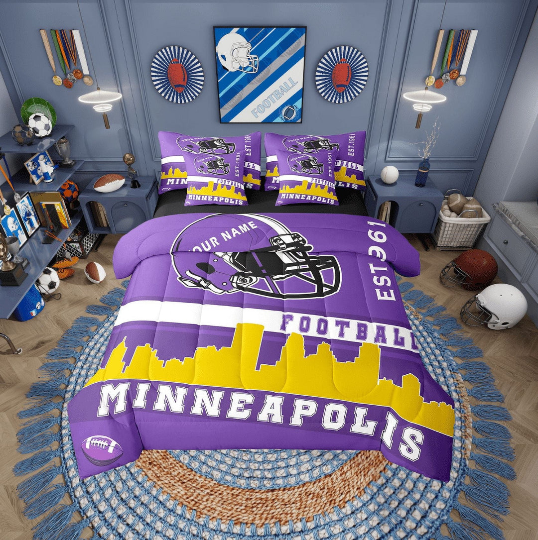 Erosebridal Sports Football Bedding Sets Twin Size, Vintage Soccer Comforter Sets with Sheets, Purple Gold, Reversible 7-Piece