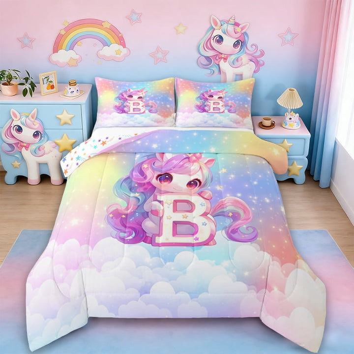 Erosebridal Kawaii Unicorn Comforter Sets Twin Size, Personalized Letter B Comforters &amp; Duvets, Cute Stars Clouds Bedding Twin Comforter Set, Breathable Room Decorative,2-Piece Reversible