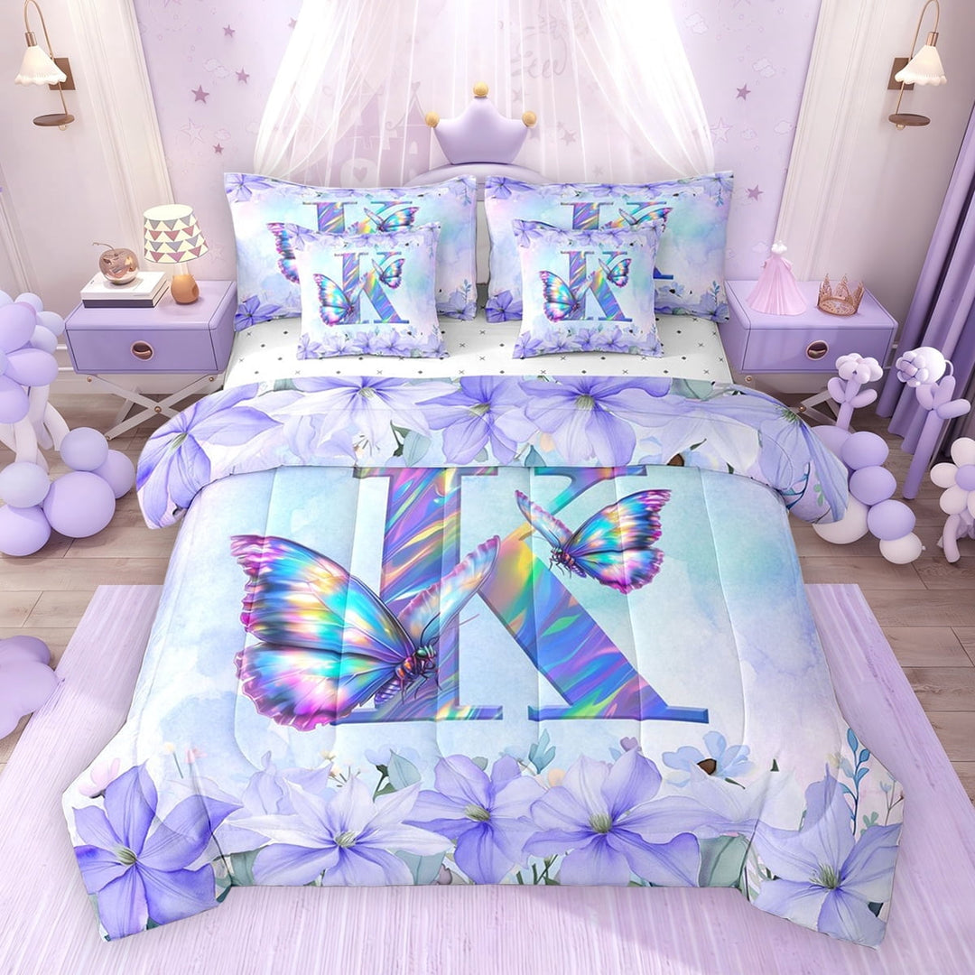 Erosebridal Purple Butterfly Twin Bedding Sets for Girls, Garden Flower Floral Bedding Comforter Set, Letter K, Reversible, 7pcs