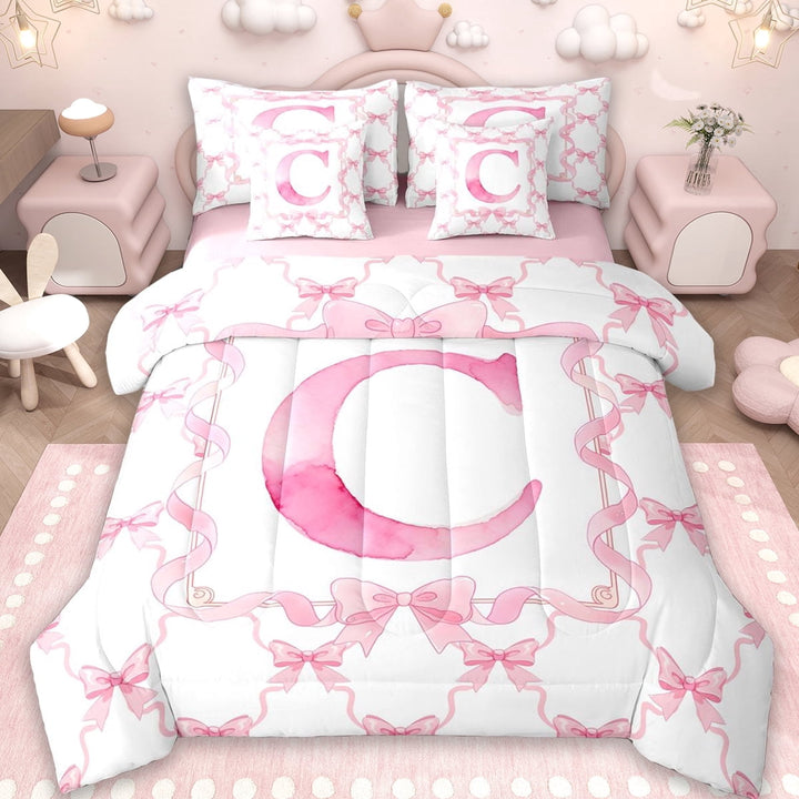 Erosebridal Cute Pink Bowknot 7-Piece Twin Bedding Sets,Girls Letter C Monogrammed Bedding Comforter Set For Kids,Reversible pink