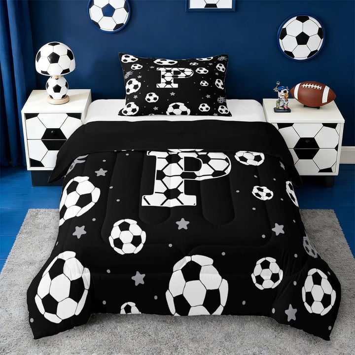 Erosebridal Boys Personalized Gifts Twin Comforter Sets,Alphabet P Kids Bedding Set For Football Sport Games Lover,Reversible Black 2-Piece