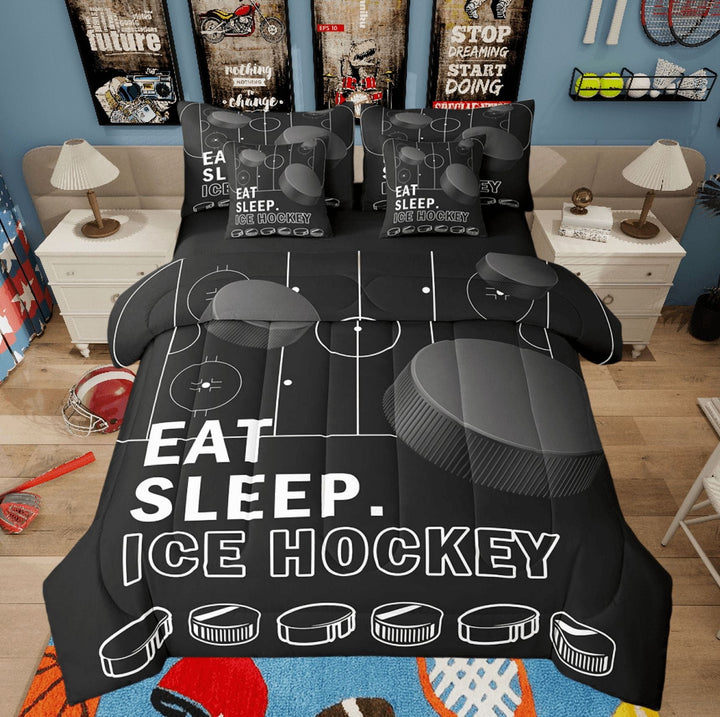 Ice Hockey Bed in a Bag Queen Size 7 Piece Sports Bedding Sets Ice Hockey Ball Print Comforter Set with Sheets Ice Hockey Court Decor Bed Set Sports Ice Hockey Player Games Sheets